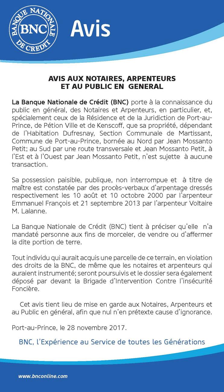 Avis aux notaires, arpenteurs et au public général Banque Nationale